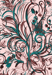 Botanical seamless pattern illustration with blooming red flower for textile and surface design