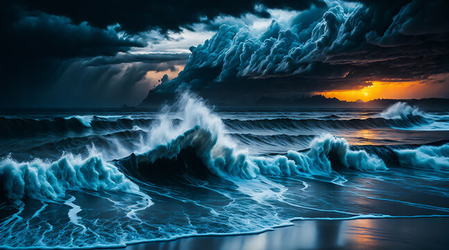 Ocean waves surged in a mysterious atmosphere with evening light.