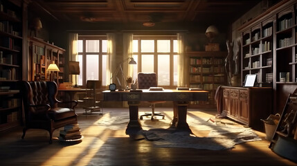 Study room with big window and sun traces, generative ai
