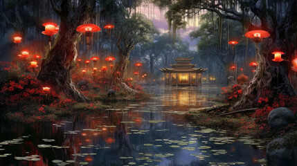 Swamp everglades japanese maple park with lake, generative ai