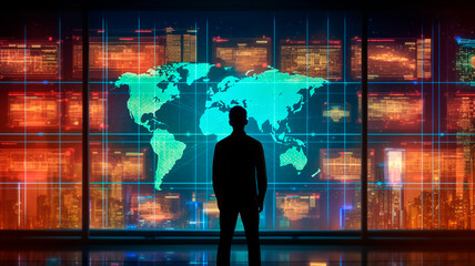 The silhouette of a person standing in front of a large digital screen with a global data flow showing various cyber threats and vulnerabilities. Generative AI