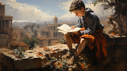 Fototapeta premium person in the park, boy with book with city in background, generative ai