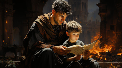 Obraz premium person in the park, boy with book with city in background, generative ai