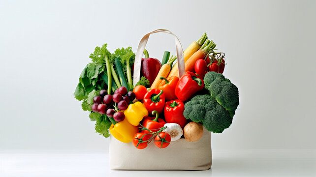 Tote bag full of vegetables and fruits on white background. Generative AI