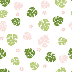 Seamless pattern with monstera with small flowers. Used in web design, branding, product design, and interior design