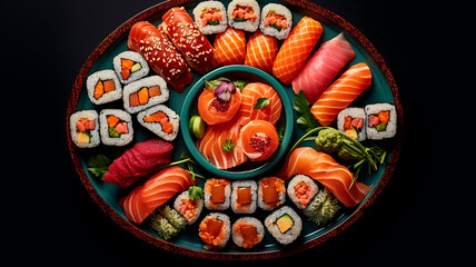 Vibrant images of fresh sushi rolls, arranged artfully on a plate. Generative AI