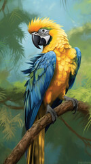 blue and yellow macaw ara, colorful parrot, generative ai