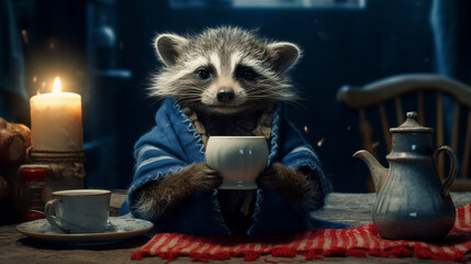 Tiny cute fluffy baby raccoon with cup of coffee, generative ai
