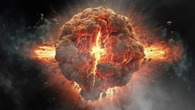 fireball created by a nuclear explosion on a war-torn space and world explosion. A nuclear explosion fireball in a nuclear mushroom cloud of an apocalyptic war on planet Earth.