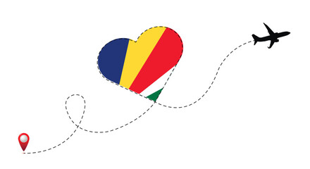 Airplane flight route with Seychelles flag inside the heart.
