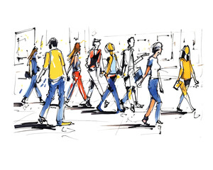 vector illustration: crowd of people walking along city street. Sketch made with marker and watercolor
