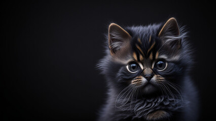 Siberian kitten on a black background. Studio shot. Close-up.