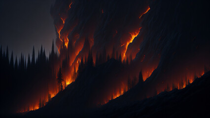 Image of a night fire in a pine forest.