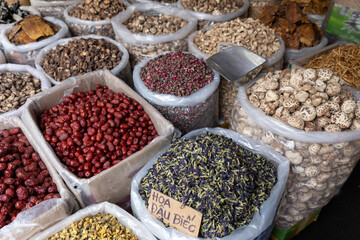 Vietnamese herbs, spices and dried goods Binh Tay market in Chinatown, Cho Lon, Ho Chi Minh City