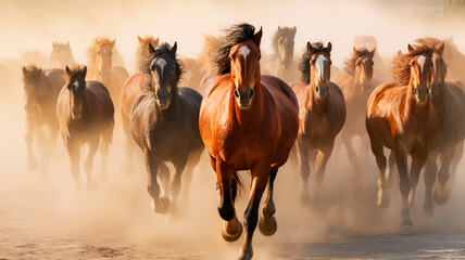 Fototapeta na wymiar Wild horses running in a herd. Generative AI
