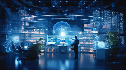 background with circles, virtual technology scene with dark blue tone, generative ai