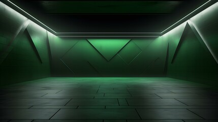 Empty geometrical Room in Green Colors with beautiful Lighting. Futuristic Background for Product Presentation.