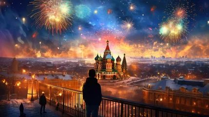 Fotobehang A man looking at the colorful festive fireworks , HD, Background Wallpaper, Desktop Wallpaper © Moon Art Pic