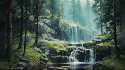 waterfall in the mountains, waterfall in summer pine fog forest, generative ai