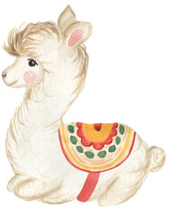 Cute Baby Llama, watercolor hand drawn cartoon illustration, watercolor animal clipart