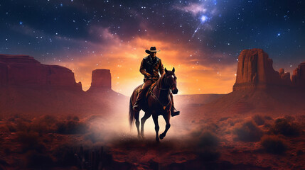 Fototapeta premium sunset in the mountains, western cowboy riding his horse at sunset with stars, generative ai