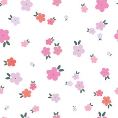 Seamless pattern with small flowers in pink, violet and orange colors on white background. Vector illustration.