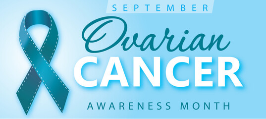 Blue Green Ribbon – Symbol of the fight against Ovarian Cancer against a background of blue sky with month