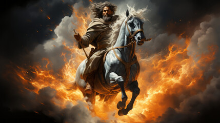 Fototapeta na wymiar God of israel on horse back with storm in background, generative ai
