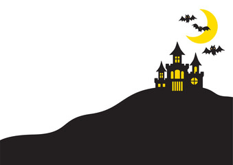 コウモリが飛ぶお城のシルエットイラスト