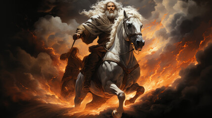 Fototapeta premium God of israel on horse back with storm in background, generative ai