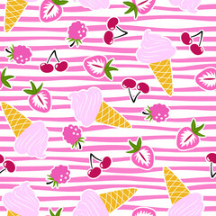 Summer ice cream pattern with berries. Vector seamless background with strawberry, cherry, ice cream cone and raspberry