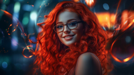 Fototapeta na wymiar Young woman red long curly hair with glasses, generative ai