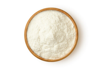 White rice flour in wooden bowl on white background