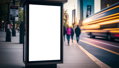 Modern Empty space advertisement board, blank white signboard in city, Vertical Bus stand empty billboard or Marketing banner ad space in city, Advertisement billboard on bus stand in city