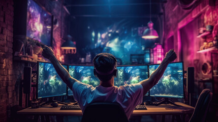 Professional eSports gamer rejoicing victor, HD, Background Wallpaper, Desktop Wallpaper