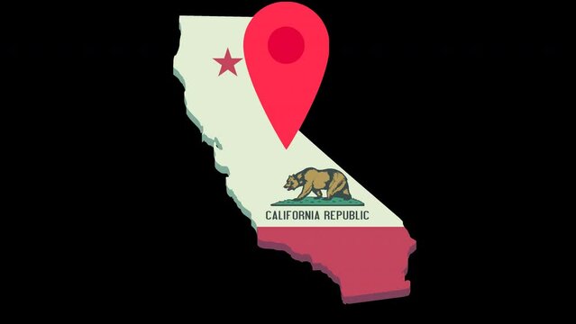 Animation loop of the 3D map of California in flat design style with the colors of the california flag on which a red map position marker is jumping (blue background, alpha channel, green background)