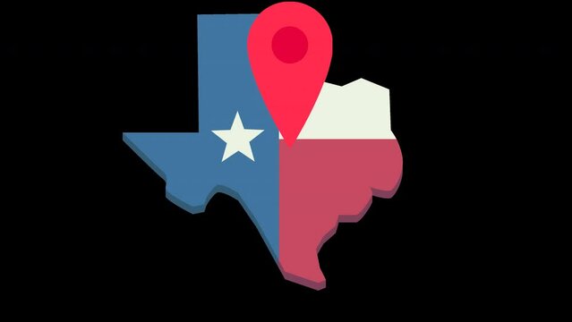 Animation loop of the 3D map of Texas in flat design style with the colors of the texan state flag on which a red map position marker is jumping (blue background, alpha channel, green background)