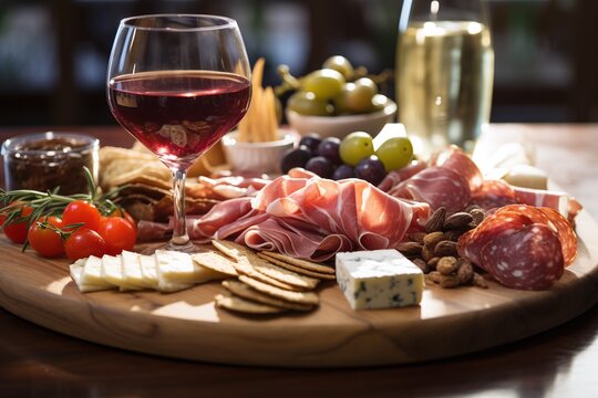 Mediterranean board of cheese, vegetables and prosciutto