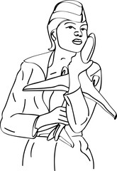 Air Hostess in Continuous Line Art: Cartoon Doodle Sketch Holding Airplane, One Line Cartoon of Air Hostess Holding Airplane: Hand-drawn Doodle Clip Art