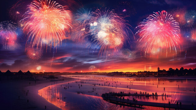 The colorful festive fireworks in beach, HD, Background Wallpaper, Desktop Wallpaper