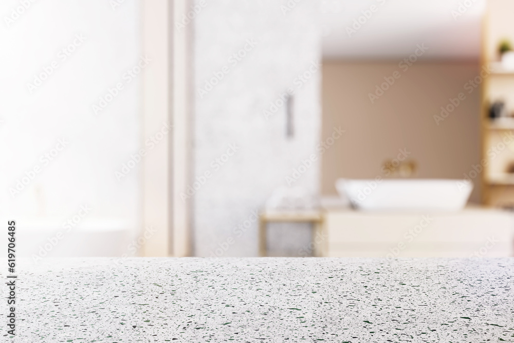 Poster Front view of empty stone table top in bathroom interior with blurred background, product presentation concept, mockup. 3D rendering