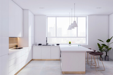 Side view of spacious empty modern kitchen interior with ceramic tiles floor and white walls. 3D Rendering