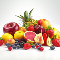 Naklejka na ściany i meble Different colorful summer fruits, apples, oranges, strawberries, blueberries, on a white background, Generative AI, generative artificial intelligence