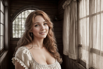 Fototapeta premium Portrait of a beautiful woman at the window in the room of a village house. Generative AI.