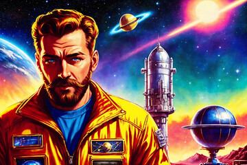 Obraz premium Spaceman on background of stars and universe, space theme in the retro futurism style of the 60s. Generative AI.
