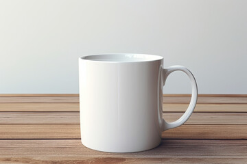 white cup on wooden table ,White Coffee Mug Mockup on Table , Minimalistic and Modern Design.