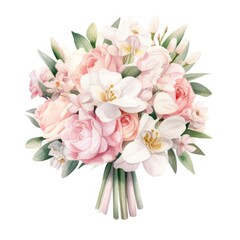 Classic light pink creamy beige flowers, design wedding bouquet. Floral watercolor illustration on white background.