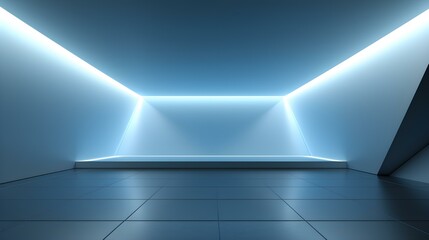 Empty geometrical Room in Light Blue Colors with beautiful Lighting. Futuristic Background for Product Presentation.