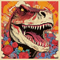 Naklejka premium Using psychedelic Brown and Cream, create a bold, graphic illustration of an Extraordinary Dinosaur / Generative AI