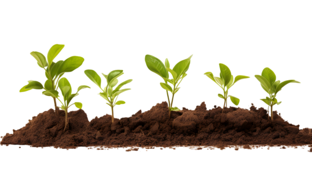 saplings growing on soil ground , isolated on transparent background cutout 